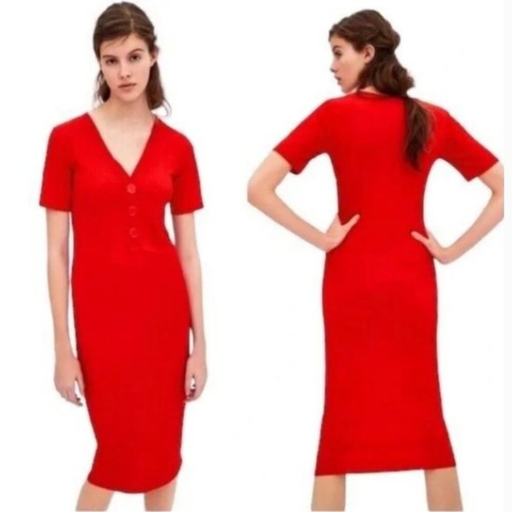 Zara Red V-neck Ribbed Stretch Midi Dress, NWOT, S